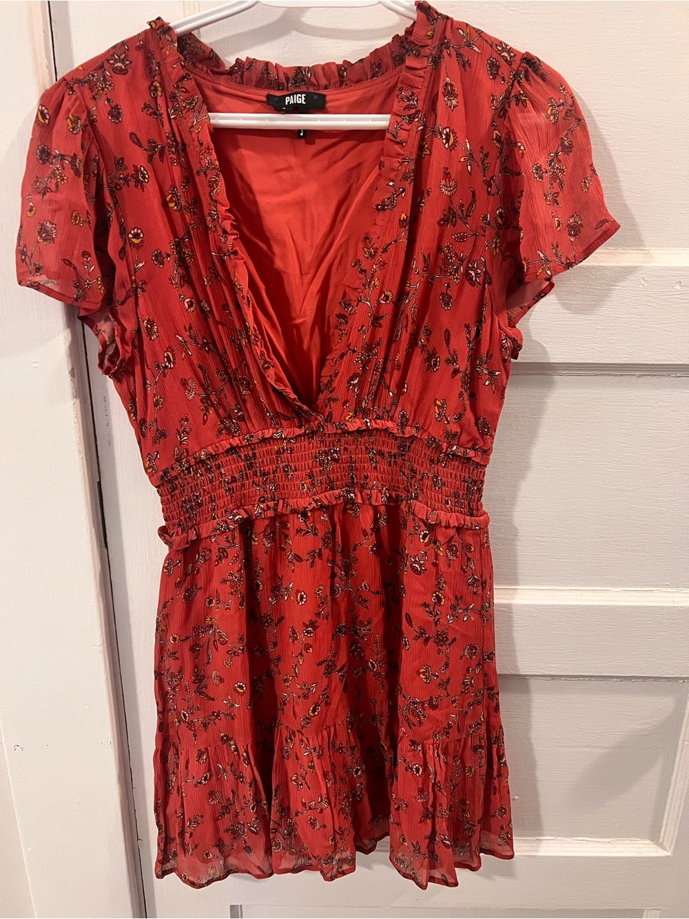 PAIGE Red Floral V-Neck Smocked Mini Dress